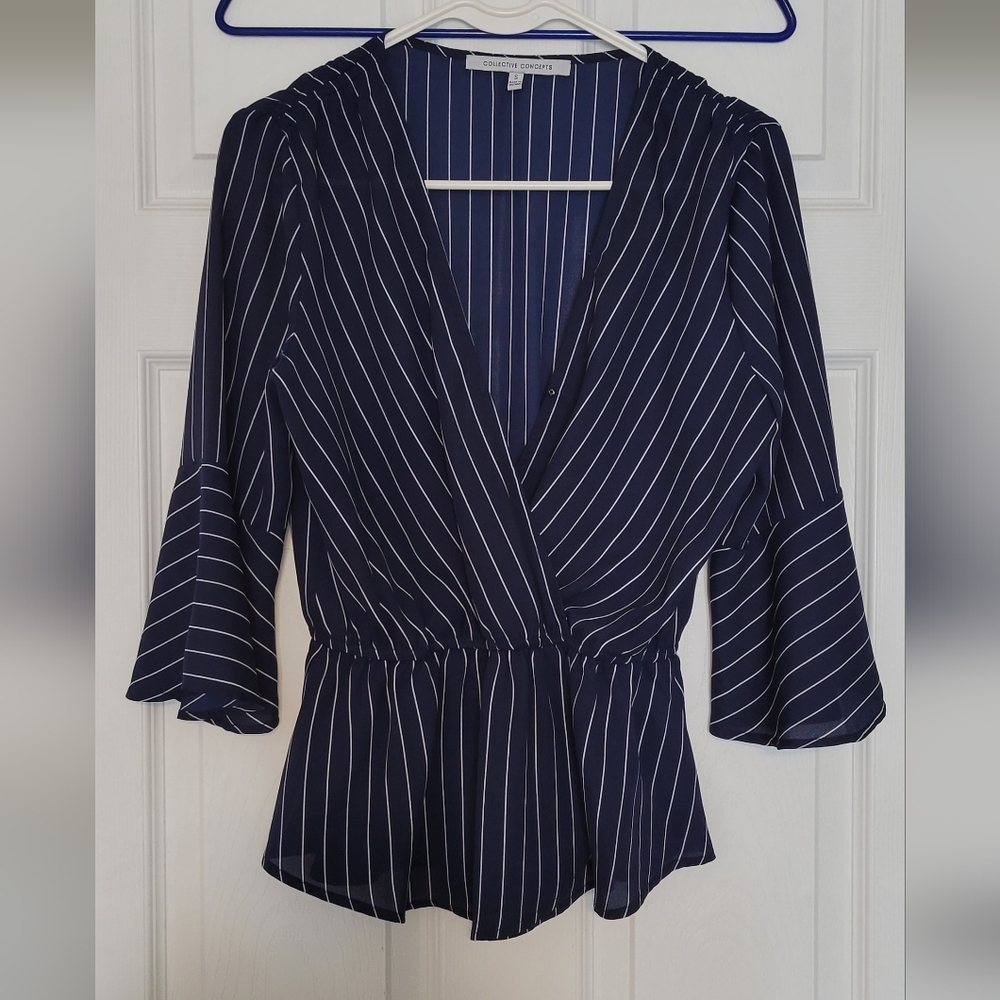 EUC Collective Concepts Peplum Wrap Navy Striped Blouse Bell Sleeve from